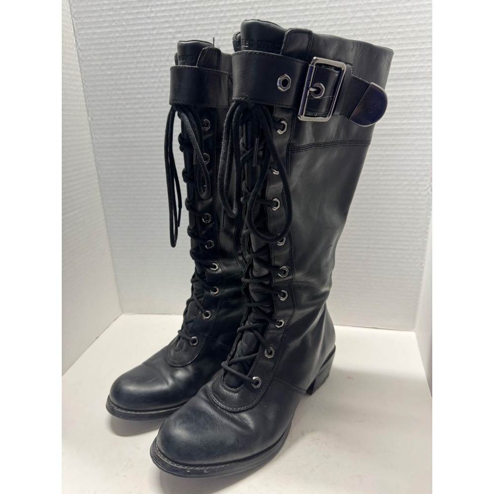 Red Wing 4342 Women Black Leather Tall Lace Up Combat Boots Side Zip Size 7M